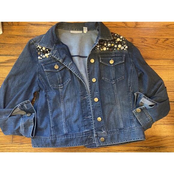 Chico's Jackets & Blazers - Chico’s Platinum Denim Jean Jacket Embellished Buttons Jewels Women’s Sz 12, 2